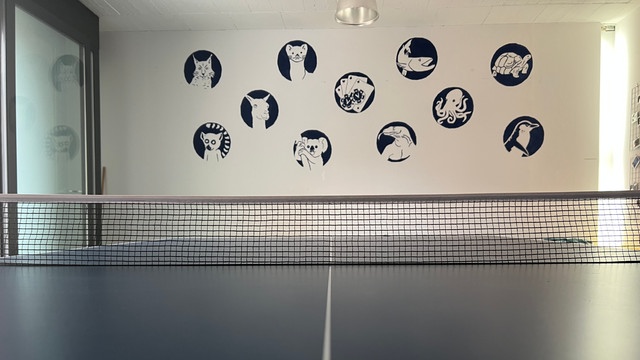 Tischtennisplatte trifft Teamlogos.