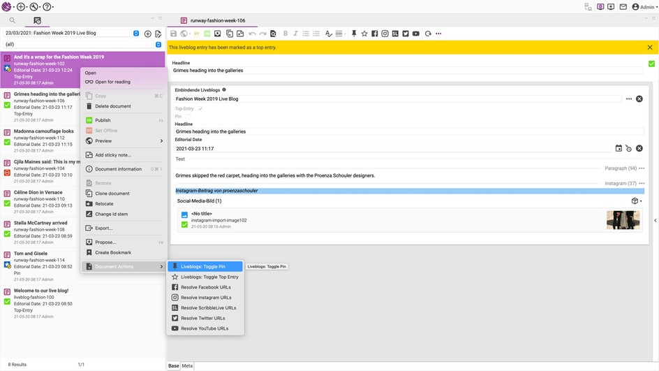 Liveblogs: The Sophora Liveblogs view in the DeskClient and an example entry. Liveblogs: The Sophora Liveblogs view in the DeskClient and an example entry.