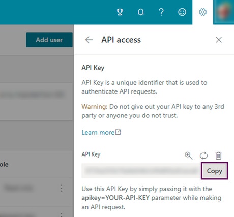 Copying an API key in Bing Webmaster Tools