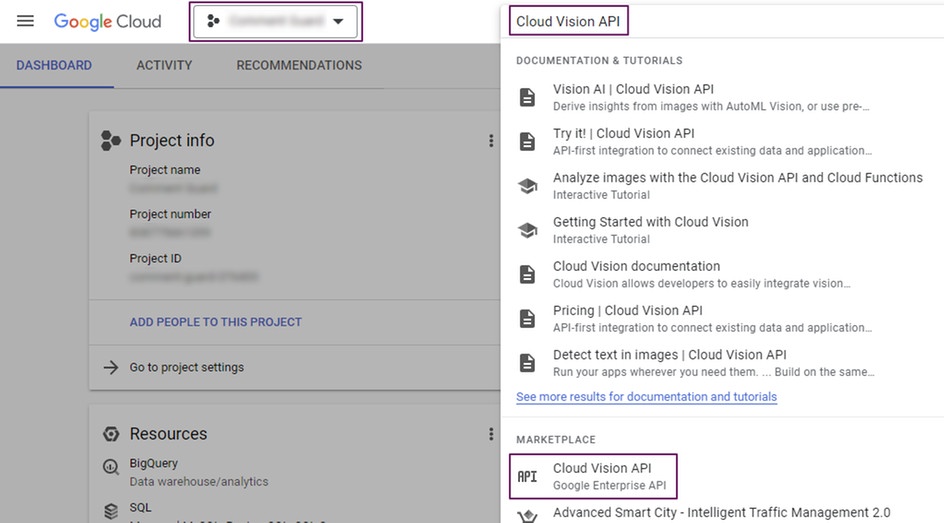 Searching for Cloud Vision API in Google Cloud Platform