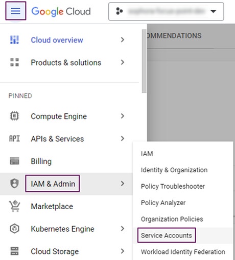 Opening the Service Accounts page of a Google Cloud Platform project
