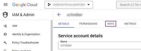 Opening the keys page of a service account in Google Cloud Platform