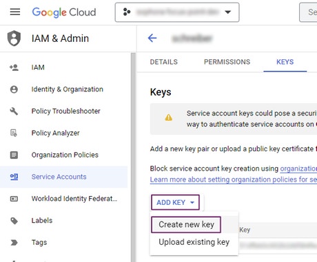 Creating a new key for a service account in Google Cloud Platform