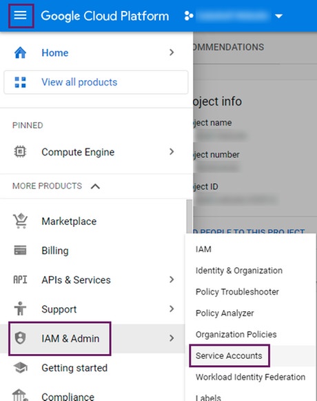 Opening the Service Accounts page of a Google Cloud Platform project
