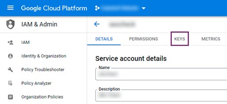 Opening the keys page of a service account in Google Cloud Platform
