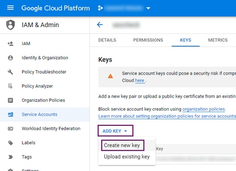 Creating a new key for a service account in Google Cloud Platform