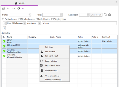 Users can be searched by their properties as Full name, Phone or by roles like guest. There are also other filter mechanisms which you can see in the following illustration. The search result is shown in a table, where you can open the user document by double clicking the search result. Multi selections are also possible. The context menu (right click on at least one user) contains operations for editing and exporting one or more users at once.