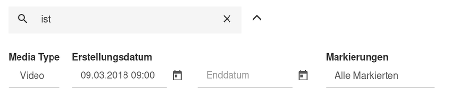 The search bar is filled with the word "ist" and the filters are set to match videos created after the 9.3.2018 that have a marker.