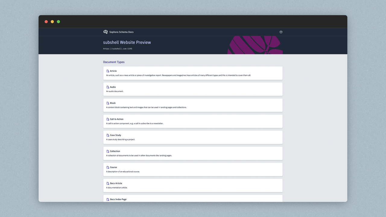 Sophora Schema Docs: Screenshot showing the home page with the list of nodetypes